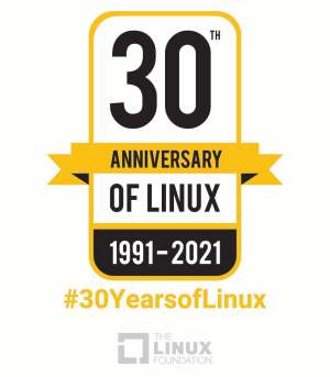 A logo by the Linux Foundation celebrating 1991-2021, 30 years of Linux