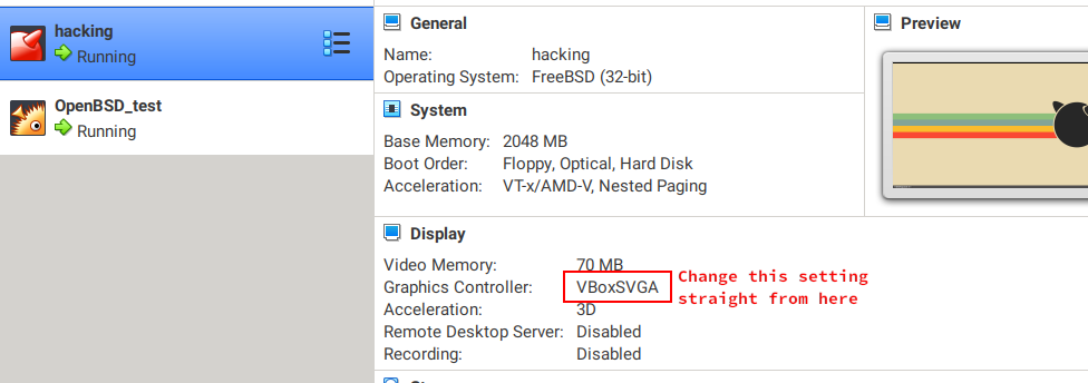 where to change the graphics settings in vbox